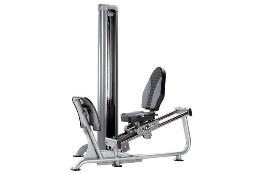 TuffStuff Apollo 7300 3-Station Multi Gym System with silver frame, black padded seats and back supports, tall vertical carri