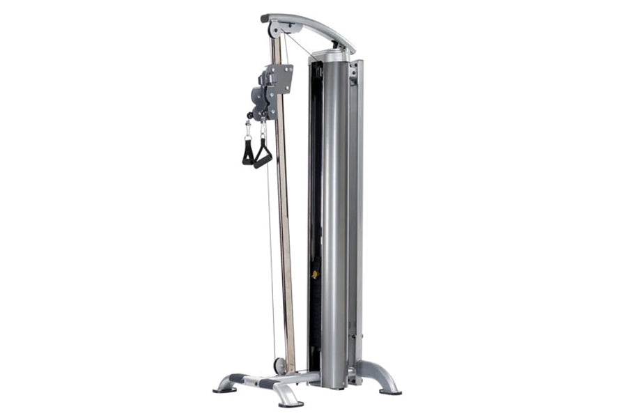 TuffStuff Apollo 7400 4-station multi-gym system with gray steel frame and black vertical tower on white background