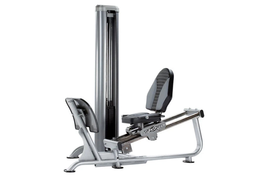 TuffStuff Apollo 7400 4-station multi gym system with gray frame, black seat and backrest, and vertical weight stack on white