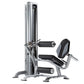 Silver and black 4-station multi gym system with stacked weight machine, leg press station, and padded seat on white backgrou