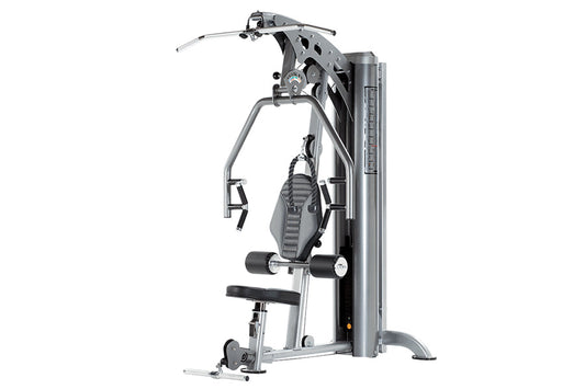 TuffStuff Apollo 7000 Multi Press gray and black cable machine with adjustable seat and leg extension, on white background