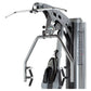 Gray and black multi-press exercise machine with adjustable arms and weight stack on white background