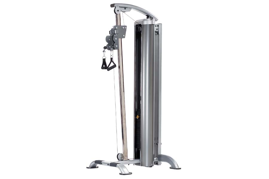 Gray and black cable machine with dual pulleys and black foot pads, front view on white background