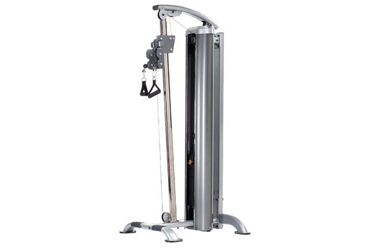 Gray and black cable machine with dual pulleys and black foot pads, front view on white background