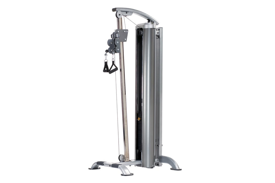 TuffStuff Apollo 7000 high-low pulley machine with gray metal frame, dual cable arms, and black foot pedals on white backgrou