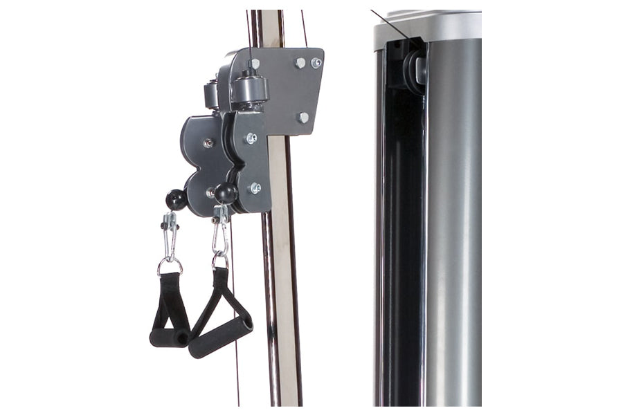 Black pulley attachment with dual stirrup foot straps mounted on silver weight stack frame, flat lay on white background