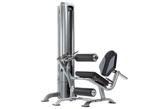 TuffStuff Apollo leg extension and curl station with silver steel frame, black padded seat and backrest, dual leg extension a