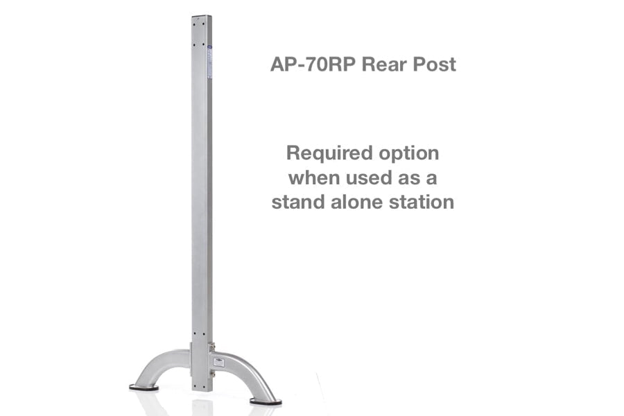 Silver aluminum rear post with curved base, vertical support column and mounting holes for standalone station use