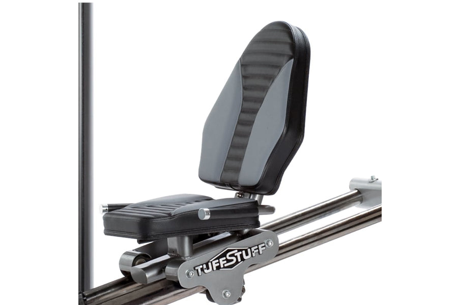 TuffStuff Apollo leg press station with gray and black padded seat and footrest on metal frame, shown on white background