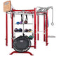 Red and silver multi-station fitness training system with rebounder, shelving for exercise balls and equipment, pull-up bar, 