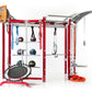 Red and silver multi-station fitness training system with adjustable shelves holding medicine balls, resistance bands, jumpin