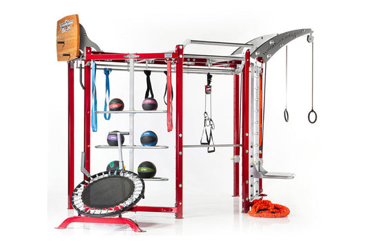 Red and silver multi-station fitness training system with adjustable shelves holding medicine balls, resistance bands, jumpin