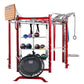 Red multi-station fitness training system with black trampoline, medicine ball storage shelves, wooden pegboard, chin-up bar,