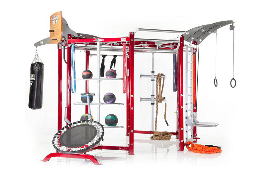 Red and silver multi-station fitness training system with pull-up bars, suspension trainer rings, medicine balls, jump rope, 