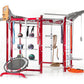 Red and silver modular fitness training rig with pull-up bar, suspended equipment including medicine balls and resistance ban