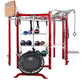 Red metal multi-functional fitness training system with black trampoline, suspended storage shelves holding medicine balls, r
