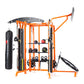 Orange and black multi-station fitness training system with punching bag, weight storage shelves, cable machines, and lat pul