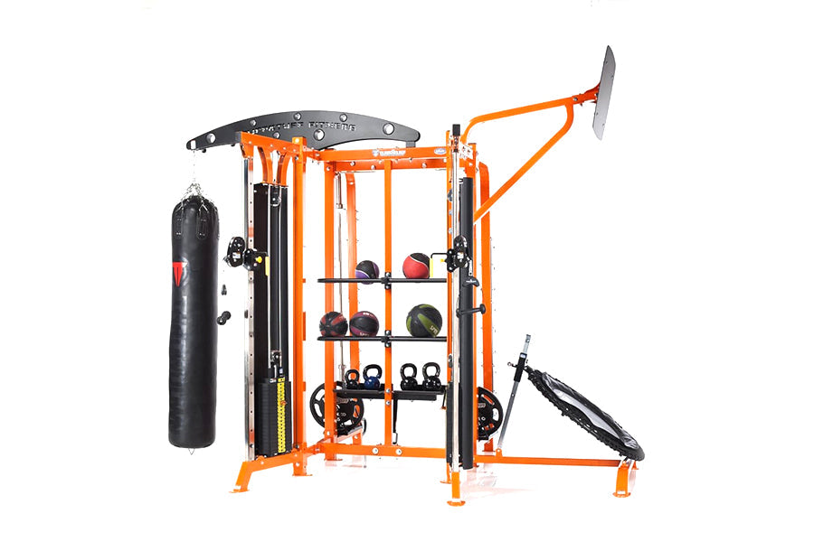 Orange and black multi-station fitness training system with punching bag, weight storage shelves, cable machines, and lat pul