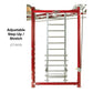 Red and silver metal adjustable step-up stretch trainer with climbing ladder and horizontal bars, front view on white backgro