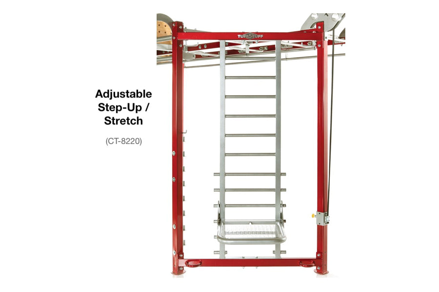 Red and silver metal adjustable step-up stretch trainer with climbing ladder and horizontal bars, front view on white backgro