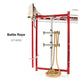 Red metal fitness trainer with rope attachment system and tan battle rope coiled at base on white background