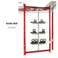 Red and silver wall-mounted fitness trainer frame with three gray shelves holding black kettlebells, model CT-8240