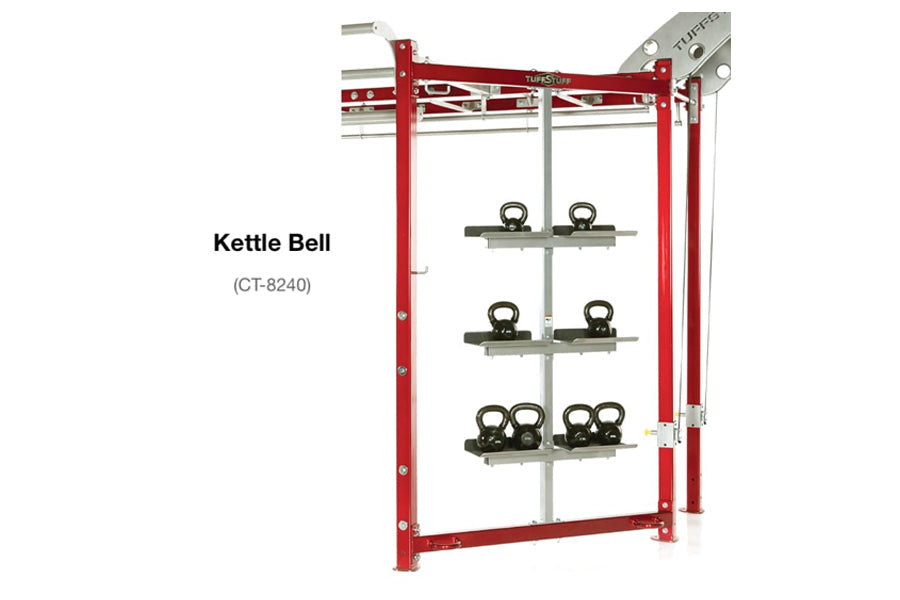 Red and silver wall-mounted fitness trainer frame with three gray shelves holding black kettlebells, model CT-8240