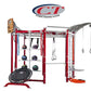 Red and silver multi-functional fitness training system with medicine ball storage, suspension rings, cable attachments, and 