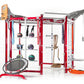 Red and gray multi-functional fitness training rig with integrated pull-up bar, medicine balls, heavy bag, trampoline, and ro