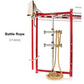 Red and silver TuffStuff functional training rig with coiled tan battle rope attached to metal pegs, on white background