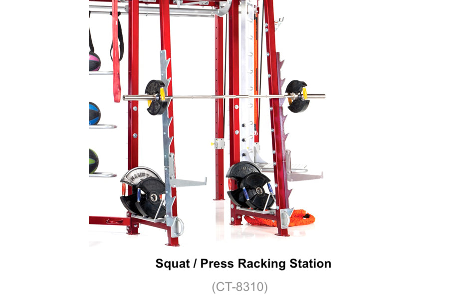 Red and silver squat and press racking station with loaded barbells and weight plates, viewed from front on white background