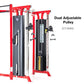 Red and gray dual adjustable pulley machine with black cable stacks and weight selectors on white background