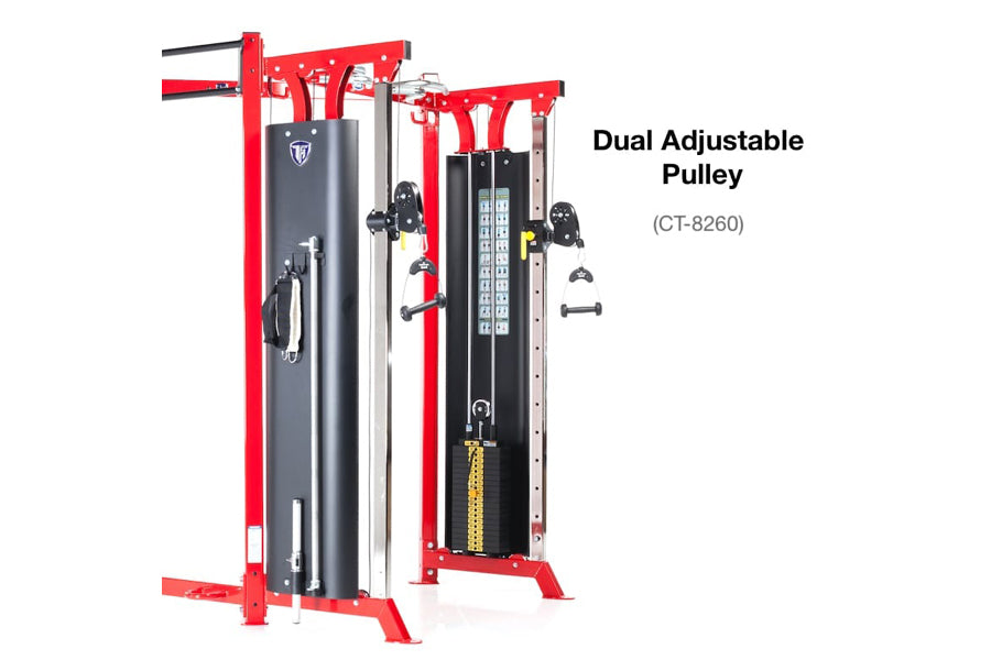 Red and gray dual adjustable pulley machine with black cable stacks and weight selectors on white background