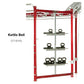 Red and silver wall-mounted kettlebell storage rack with three shelves holding black kettlebells, model CT-8240