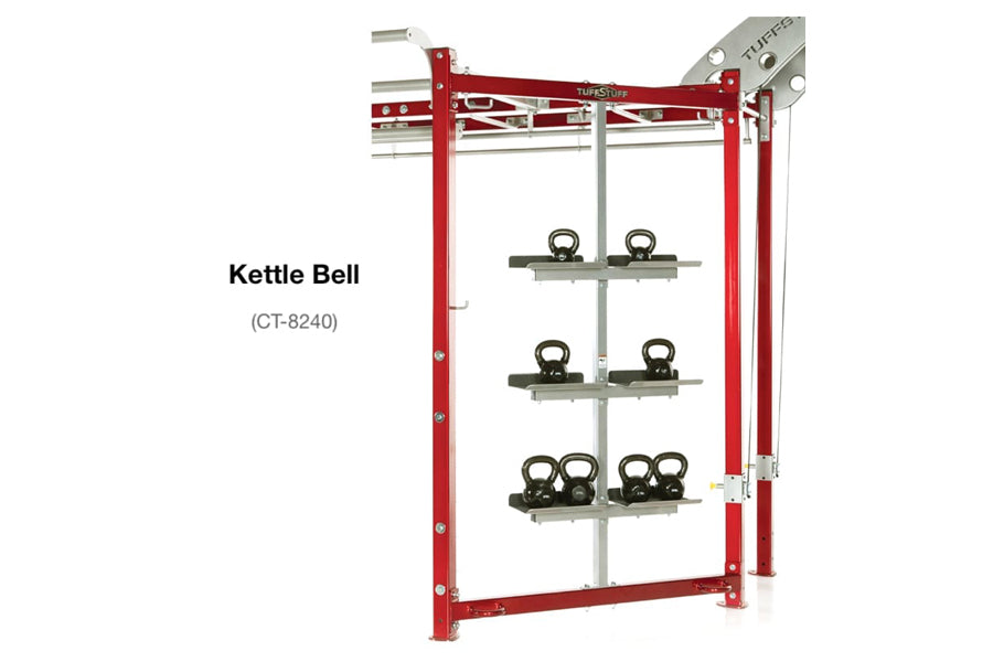 Red and silver wall-mounted kettlebell storage rack with three shelves holding black kettlebells, model CT-8240
