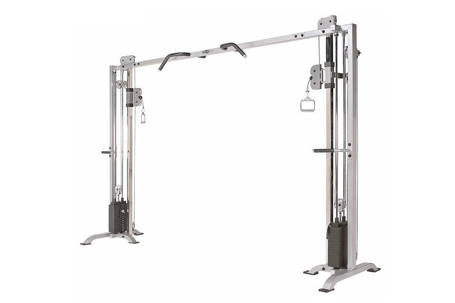 Silver and black cable crossover pulley machine with dual weight stacks and adjustable pulleys on white background