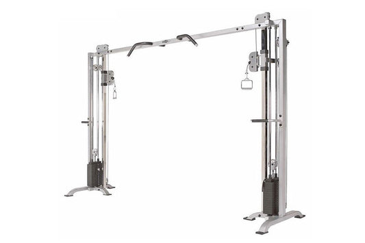 Silver and black cable crossover pulley machine with dual weight stacks and adjustable pulleys on white background