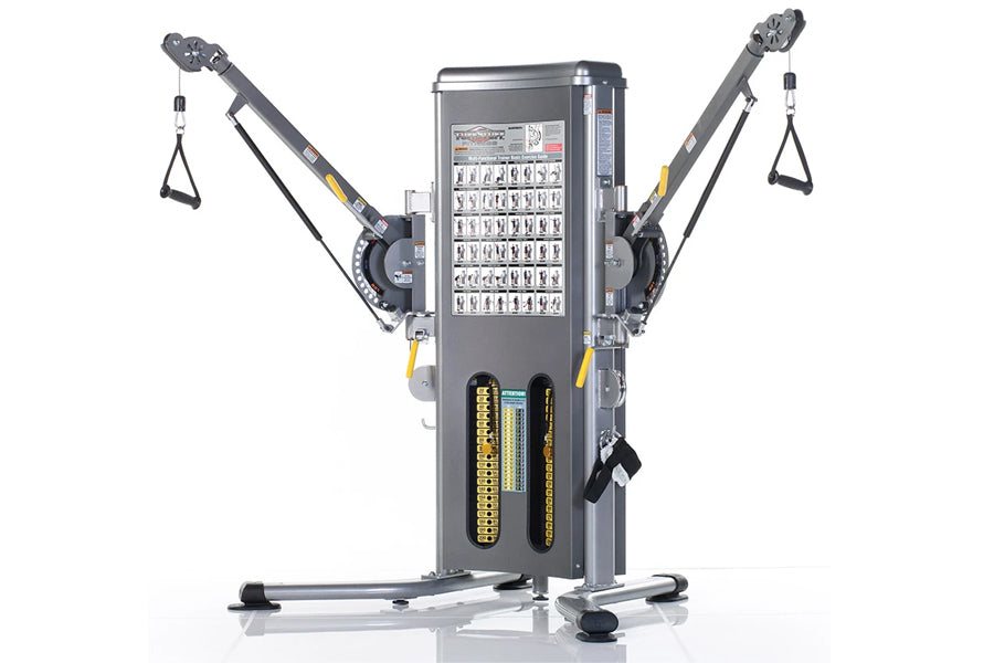 TuffStuff Evolution Dual Stack Functional Trainer with gray frame, dual adjustable arms with handles, and instruction chart o