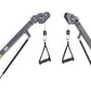 Pair of gray TuffStuff Evolution dual stack functional trainers with adjustable arms, pulleys, and black grip handles on whit