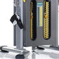 Gray and yellow dual stack functional trainer with black and silver handles, yellow circuit board panels, and rolling base on