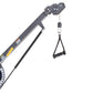 Gray functional trainer machine with extended boom arm, black cable with grip handles, and pulley system on white background
