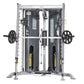 Dual-station weight machine with gray frame, black weight stacks, Smith press attachment, and rotating black handles on white