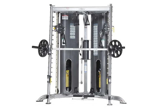 Dual-station weight machine with gray frame, black weight stacks, Smith press attachment, and rotating black handles on white