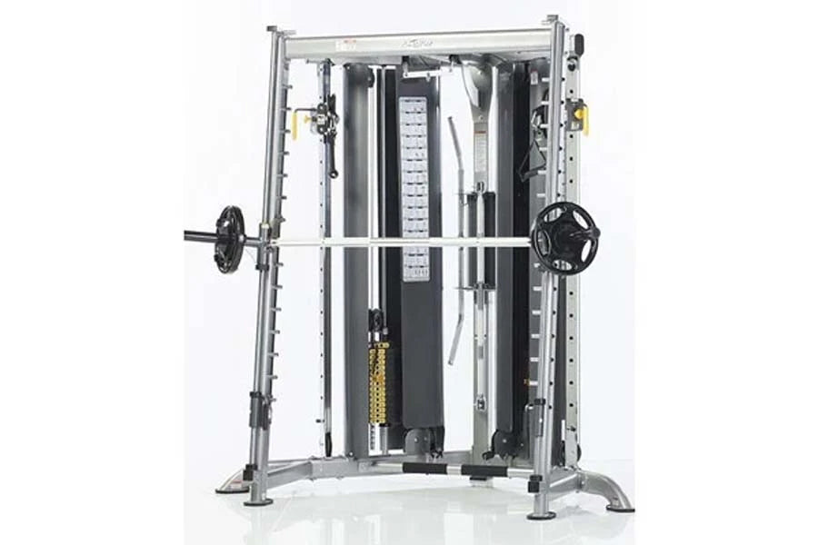 Smith press attachment with dual weight stacks, black and silver frame, lever handles on sides, viewed from front on white ba