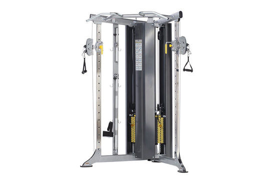 TuffStuff Evolution dual adjustable pulley system with silver and black frame, yellow accents, and dual cable machines on whi