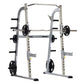 TuffStuff Evolution half cage with silver frame, black weight plates, and barbell on white background