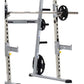 TuffStuff Evolution half cage with silver steel frame, black weight plates, and adjustable barbell rack on white background