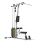 TuffStuff Evolution Lat Pulldown and Low Row Combo machine with silver frame, black padding, and yellow accents, shown on whi