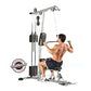 Silver and black cable machine with dual weight stacks, shown with male model demonstrating lat pulldown exercise on white ba