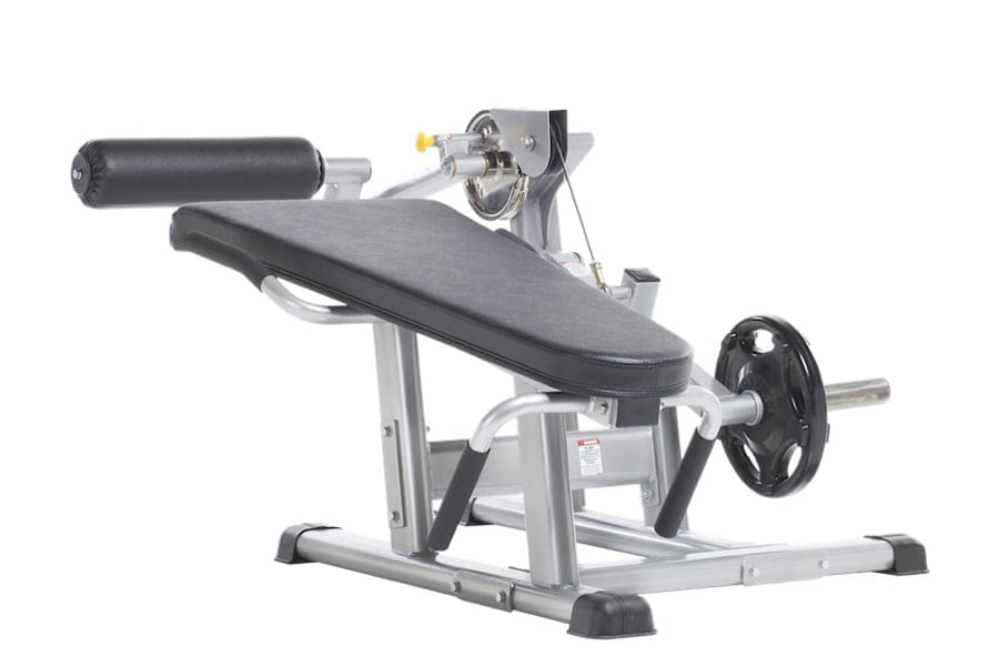 TuffStuff Evolution leg extension and prone leg curl bench with silver steel frame, black padded seat and backrest, adjustabl